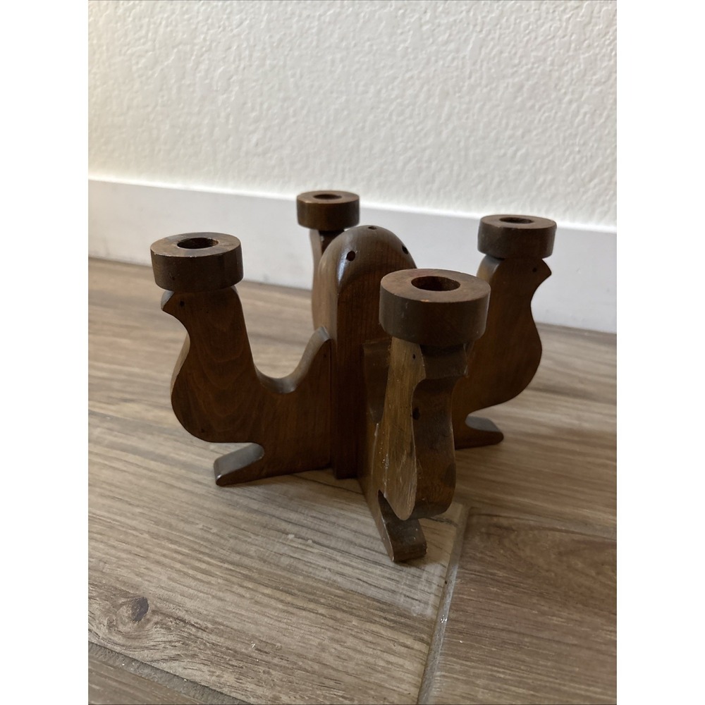 Rare Vintage Handcrafted Dark Wooden Bird‎ Candelabra 4- Candle Holder